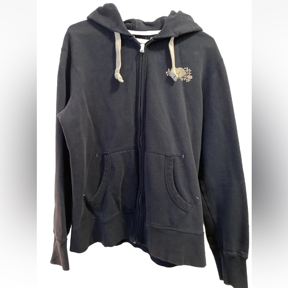 Roots Canada Men’s Navy Blue Full Zip Hoodie Logo Heavyweight Hooded Sweater, XS